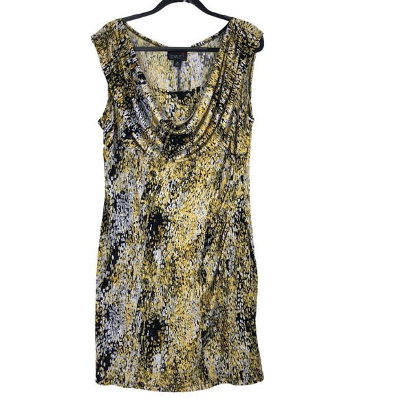 Vintage 90s Yellow and Grey Animalistic Waterfall, Scoop Neck Dress Plus sz 18 - Picture 1 of 8